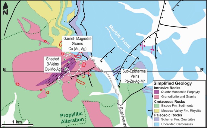 Simplified geological map of the Two Peaks project area